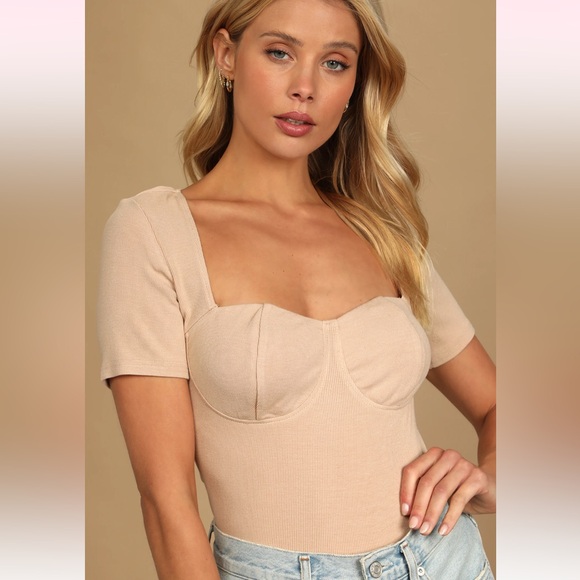 Can't Be Missed Beige Ribbed Bustier Short Sleeve Top - Picture 2 of 5
